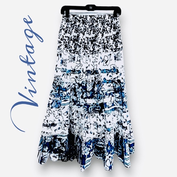 BLUE AND WHITE floral tiered MAXISKIRT SZ LG - Picture 1 of 12
